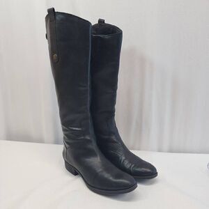 Sam Edelman Size 8.5 Penny Riding Boots Black Leather Knee High Zip Snap Block H